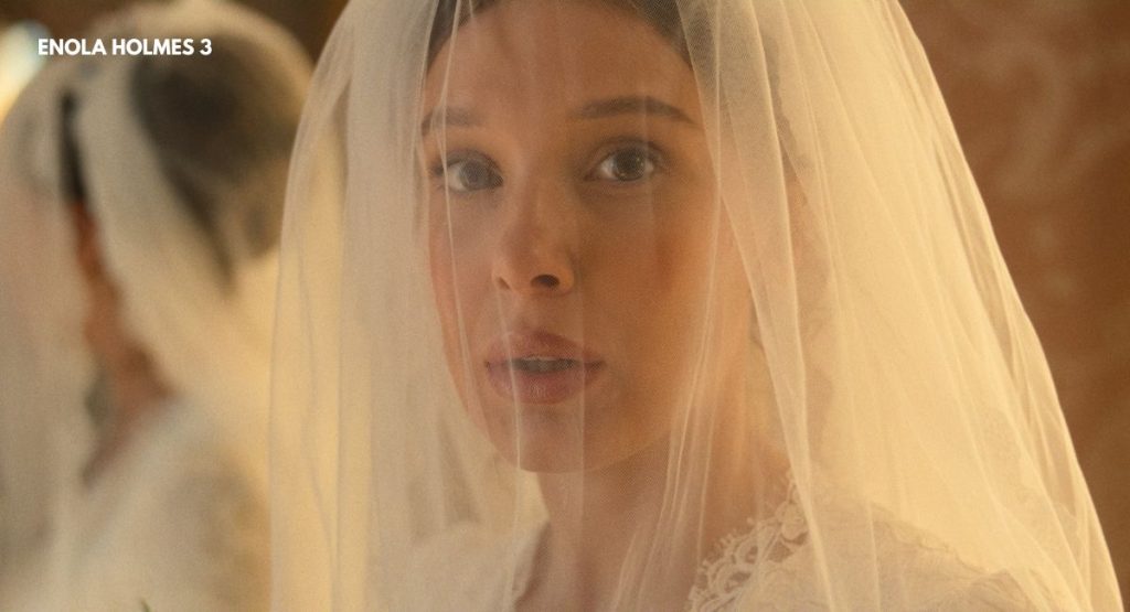 Enola Holmes 3 release date first look Millie Bobby Brown wedding veil Enola Holmes bride scene