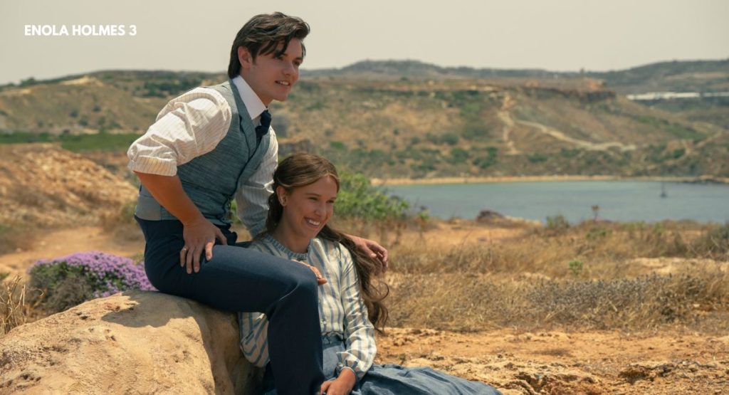  Enola Holmes 3 release date first look Louis Partridge and Millie Bobby Brown romantic scene Malta