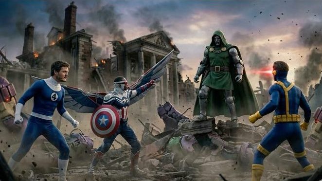 the assembled heroes including X-Men and Fantastic Four working together against Doctor Doom