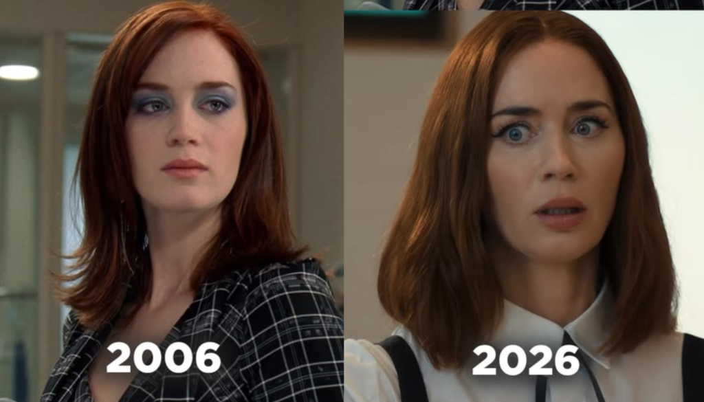 Emily Blunt in Devil Wears Prada (2006 left) and (2026 right)