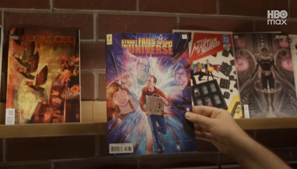 Comic Center of Pasadena storefront in Stuart Fails to Save the Universe showing the chaotic multiverse setting