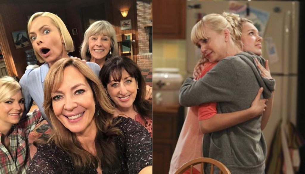 Anna Faris as Christy Plunkett, the lead character from CBS sitcom Mom with onscreen daughter in an episode scene of mom
