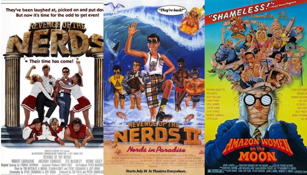Collage of movie posters featuring Donald Gibb's filmography including Revenge of the Nerds and other 1980s action films