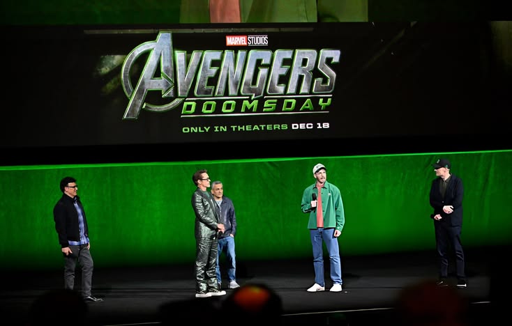 Robert Downey Jr, Chris Evans, and Russo Brothers at CinemaCon 2026 promoting Avengers Doomsday