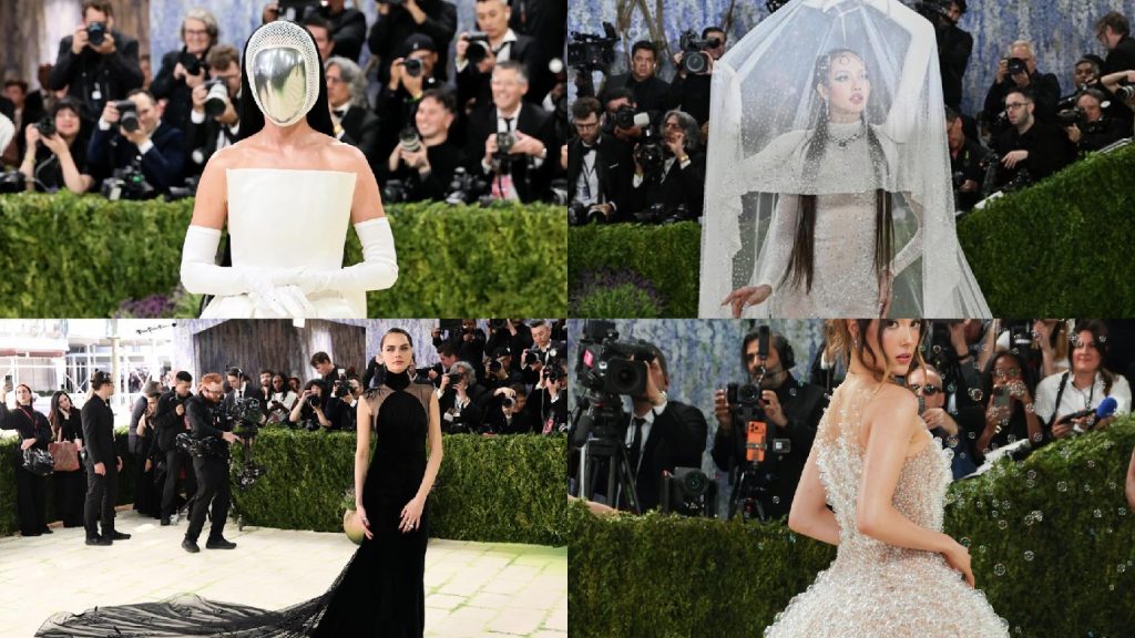 Katy Perry in Stella McCartney gown and silver mask on Met Gala 2026 red carpet