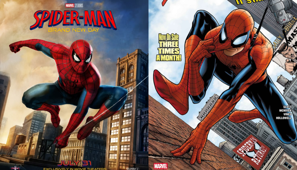 Comic book covers showing One More Day and Brand New Day storyline transition and suit evolution
