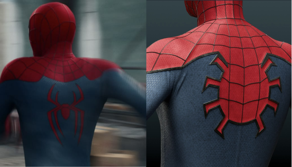Detailed view of the Spider-Man Brand New Day suit's intricate web pattern design and proportions