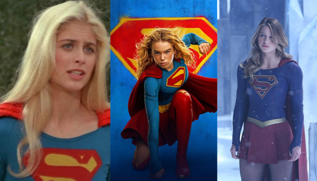 Visual timeline showing Supergirl costume design evolution across decades from original 1959 suit to modern version