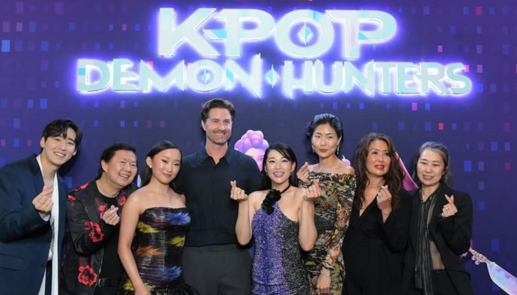 KPop Demon Hunters cast promotional image showing Ahn Hyo Seop alongside other voice actors and characters