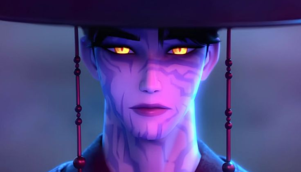 inu, the charismatic demon leader from Netflix's KPop Demon Hunters animated series, displayed in full character design with supernatural glow effects